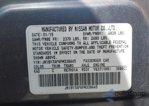 2015 Infiniti Q50 Premium from USA, damaged, VIN JN1BV7AP6FM339445